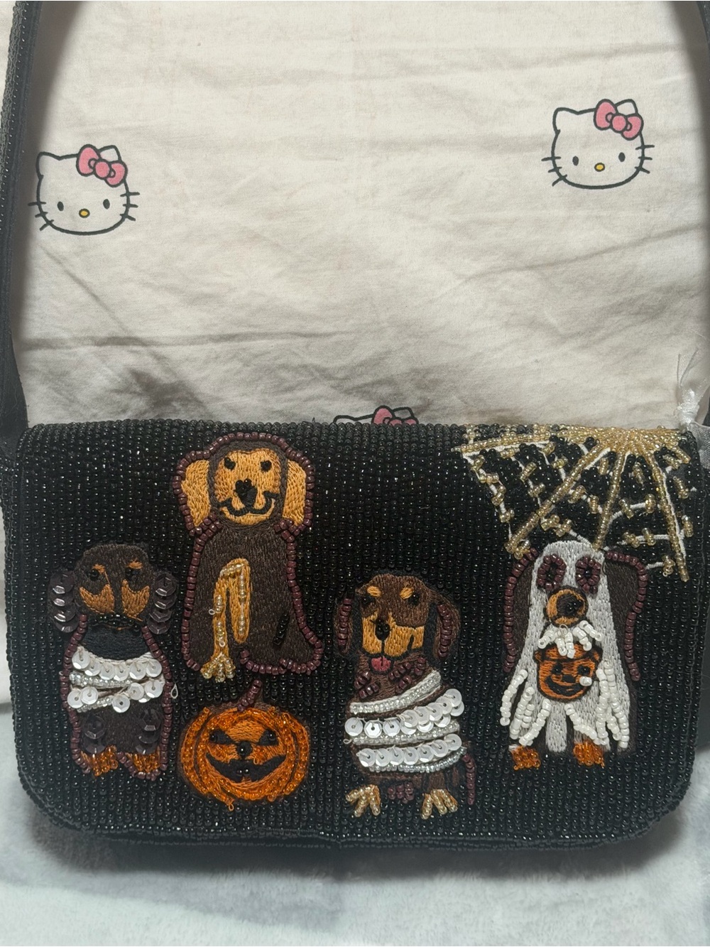 Black Beaded Halloween Dog Motif Shoulder Bag - Picture 2 of 7